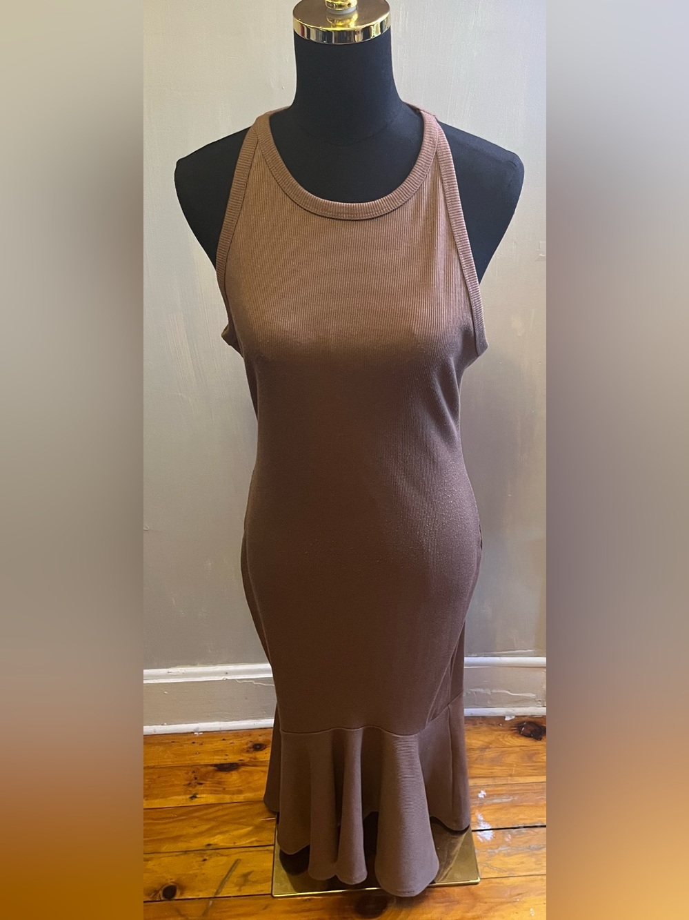 7 For All Mankind Fishtail Ribbed Knit Midi Bodycon Dress Warm Brown Size Large